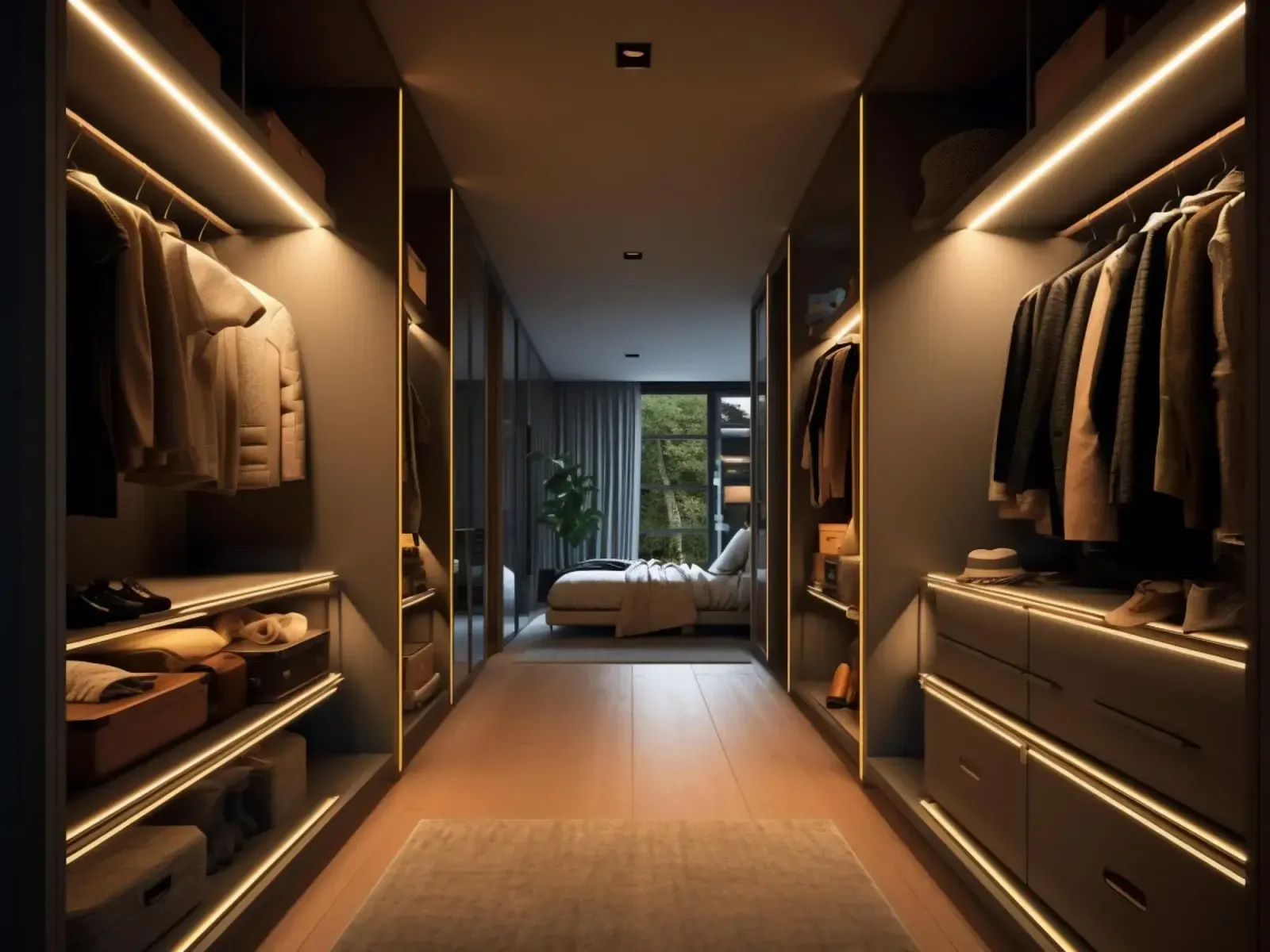 Beautiful walk-in closet with premium lighting and custom storage solutions